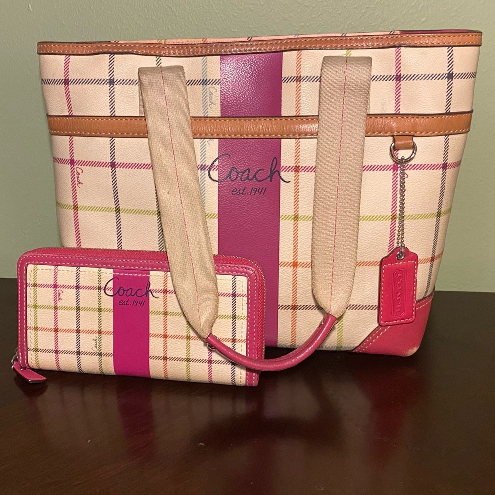 Coach Pink plaid tote and wallet